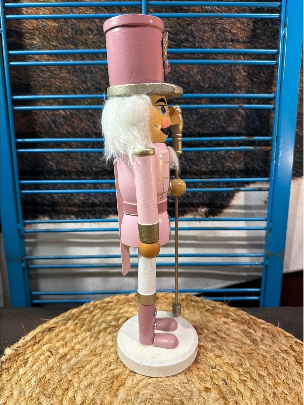 Pink and Gold Wooden Nutcracker Figurine with Staff
